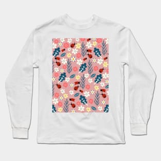 Spring meadow in bloom with ladybirds on green background Long Sleeve T-Shirt